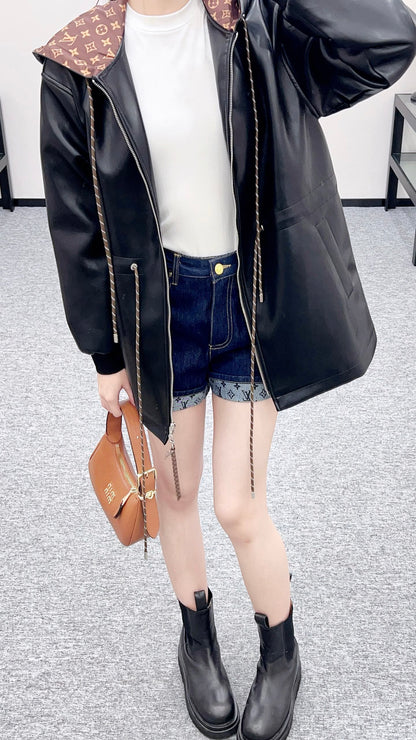 25fw new washed leather hooded mid-length coat