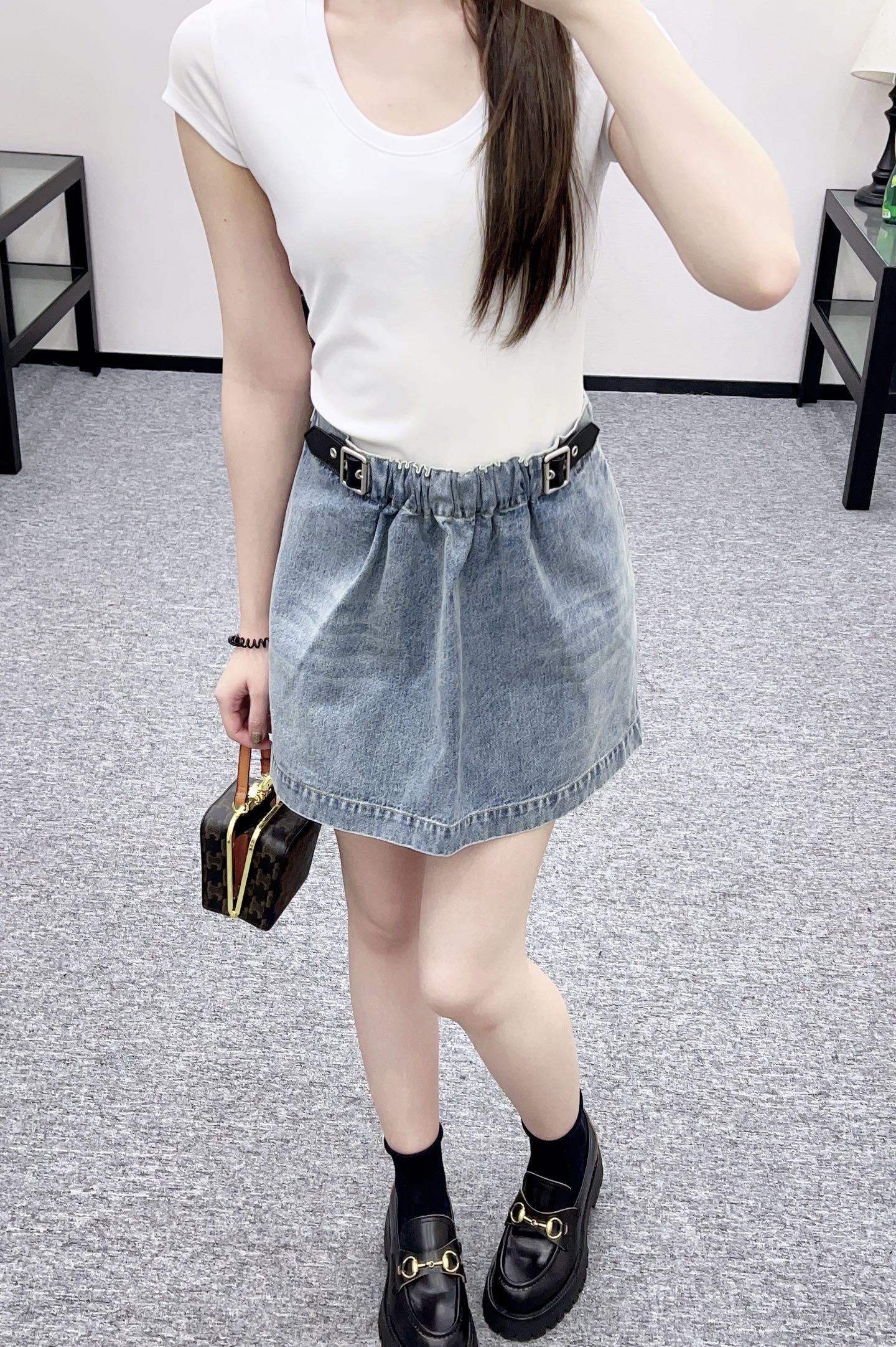 25fw new white pleated denim skirt