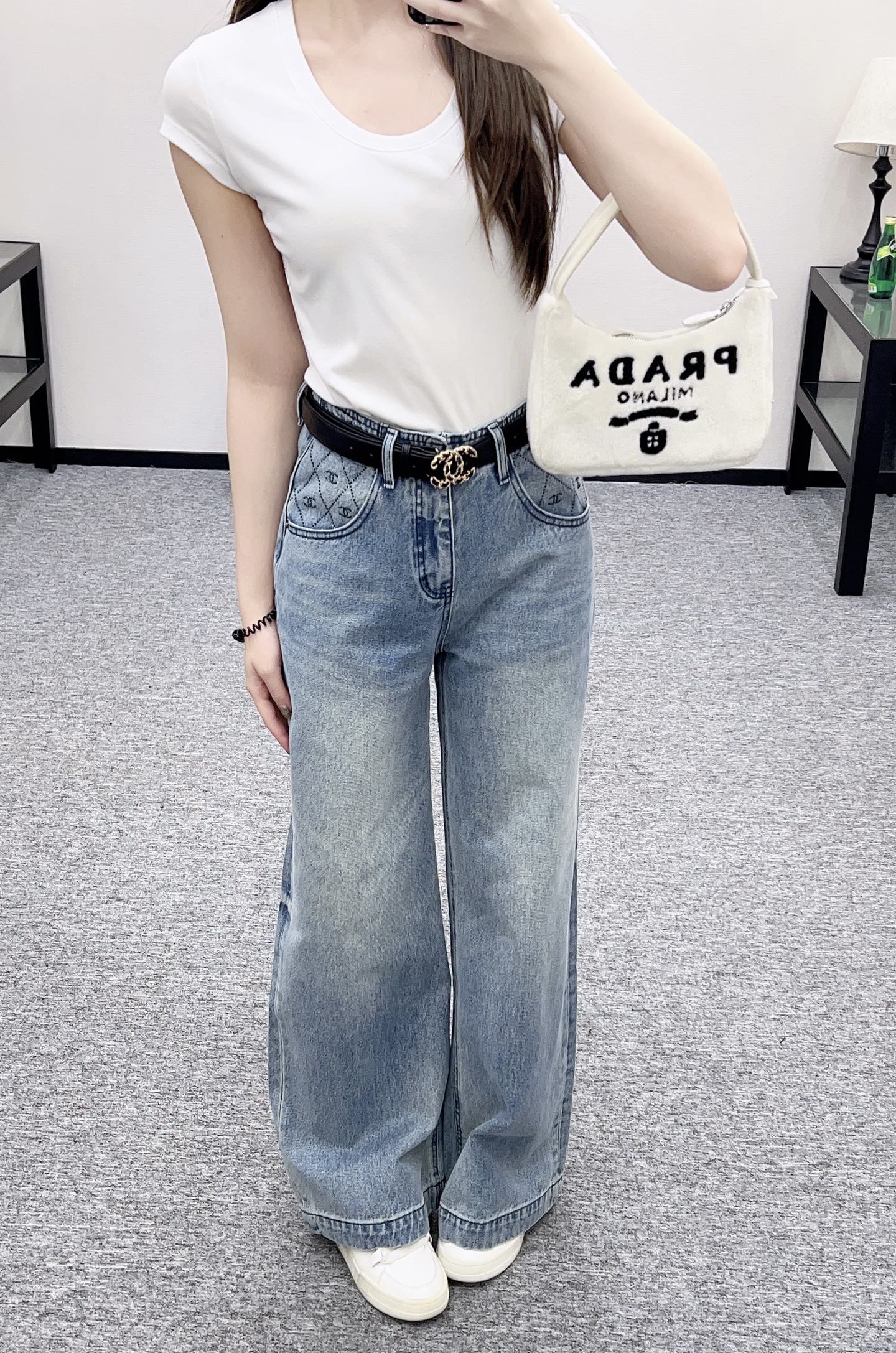 25fw new belt bleached pleated denim trousers