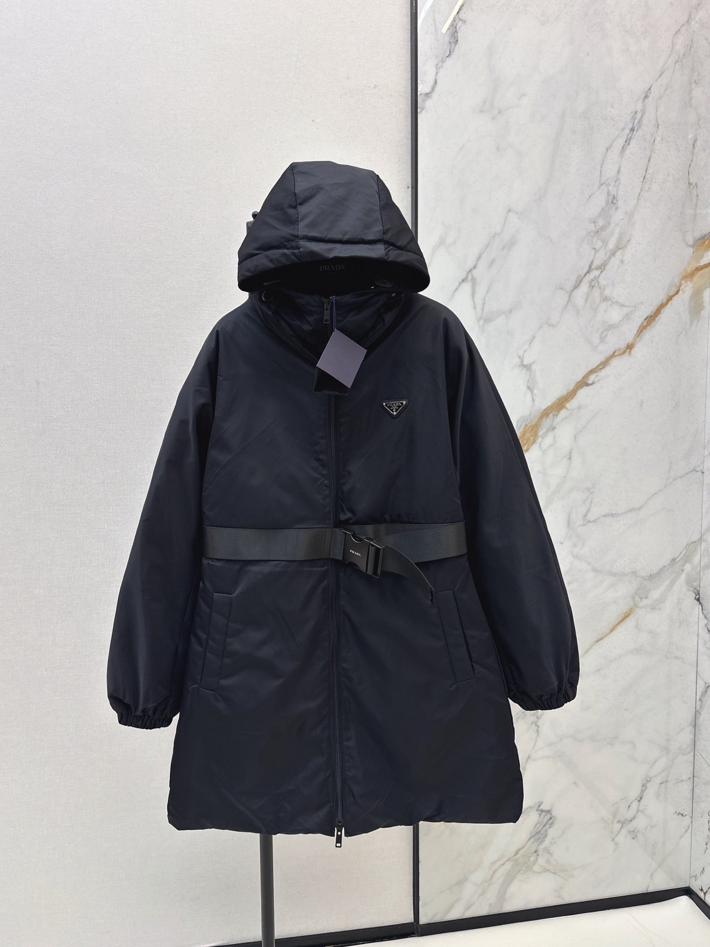 25fw new buckle belt hooded down jacket