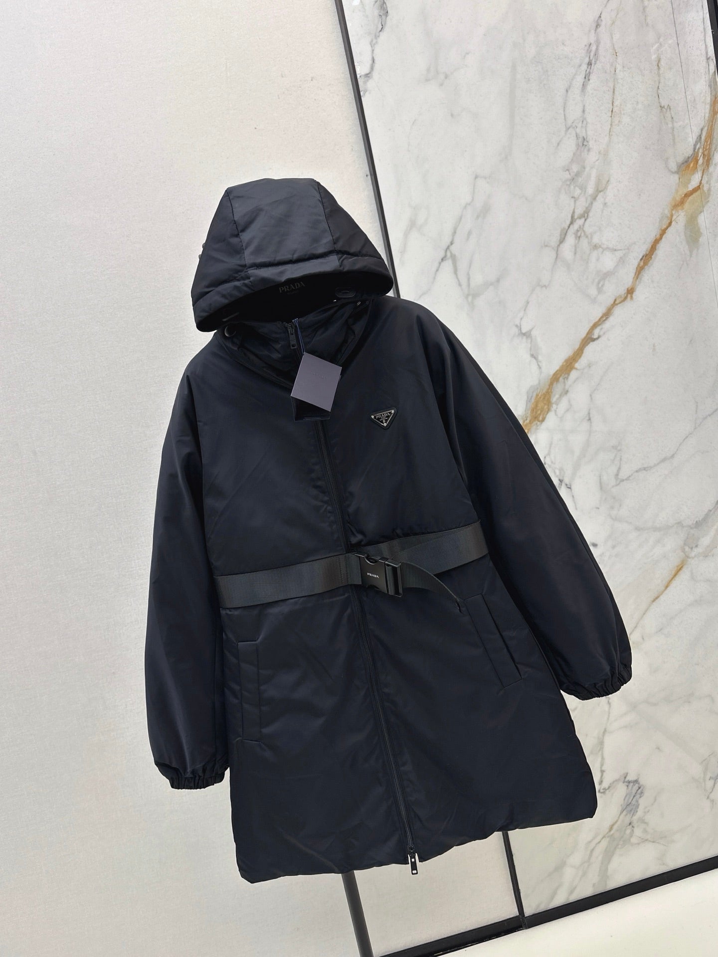 25fw new buckle belt hooded down jacket