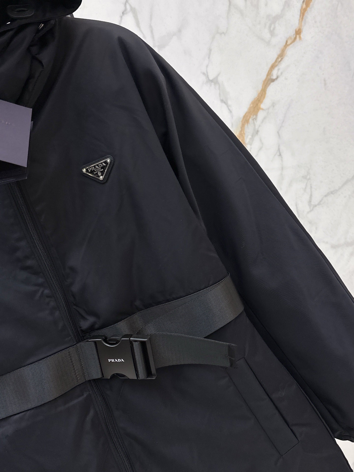 25fw new buckle belt hooded down jacket