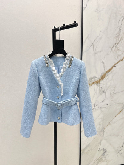 25fw new splicing lace V-neck jacket