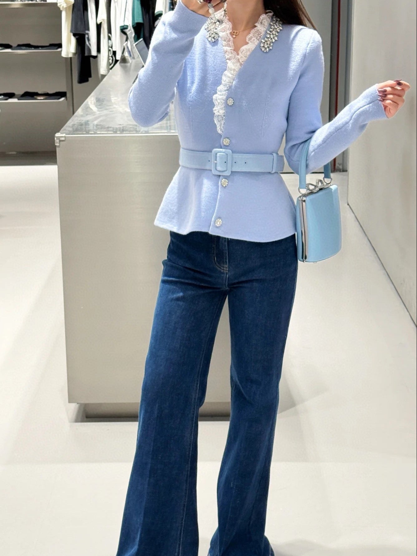 25fw new splicing lace V-neck jacket