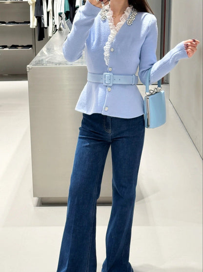 25fw new splicing lace V-neck jacket