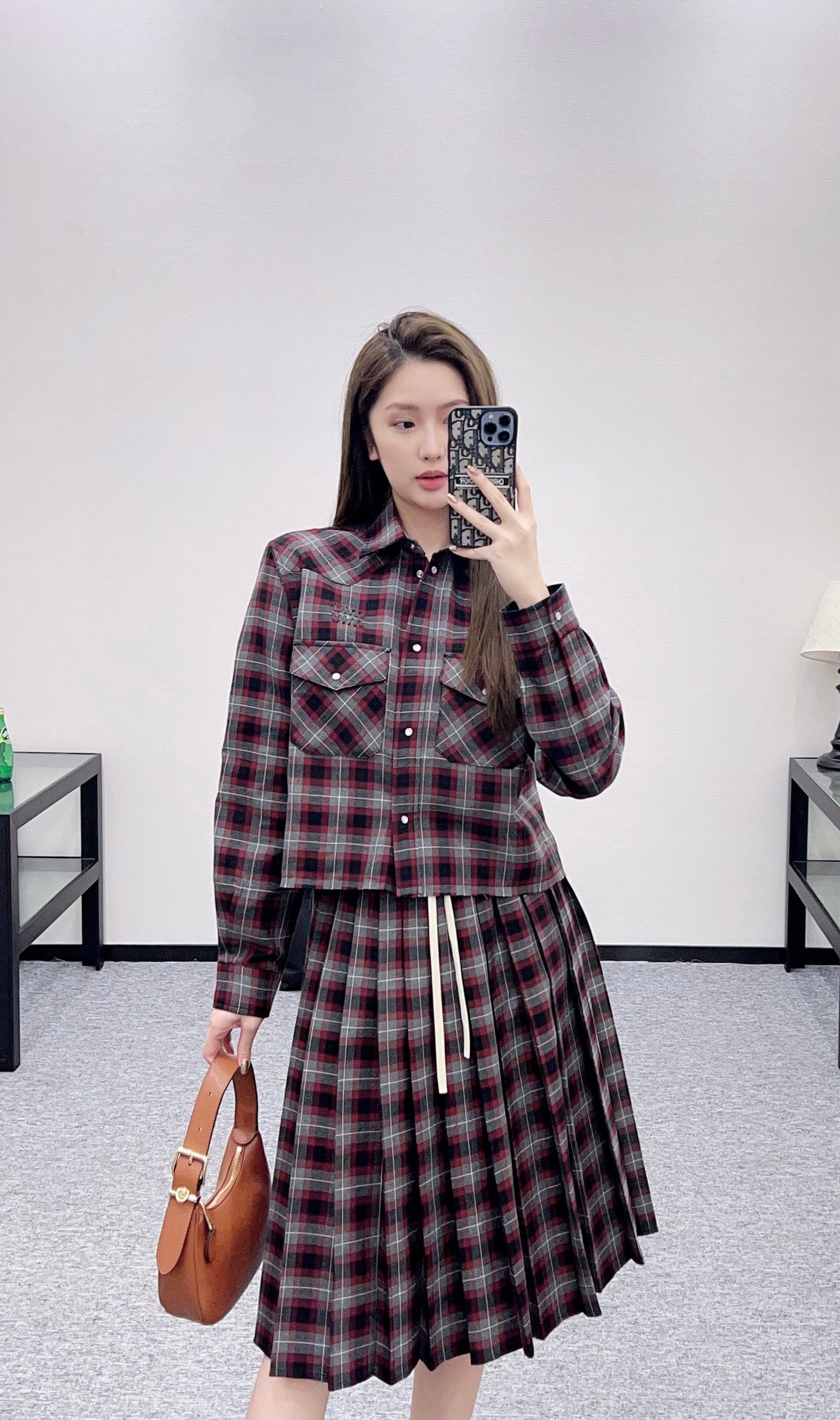 25fw new plaid shirt pleated skirt suit