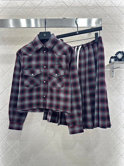 25fw new plaid shirt pleated skirt suit