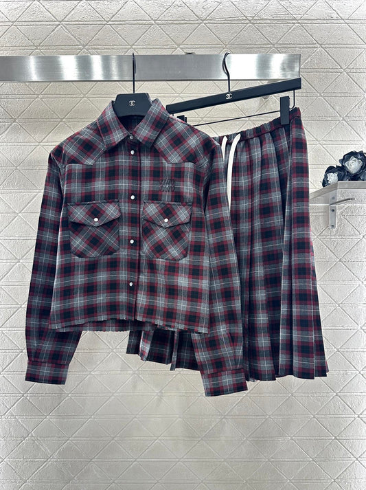 25fw new plaid shirt pleated skirt suit