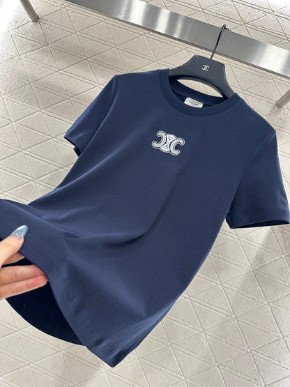 Round neck beaded lettering cotton short sleeves