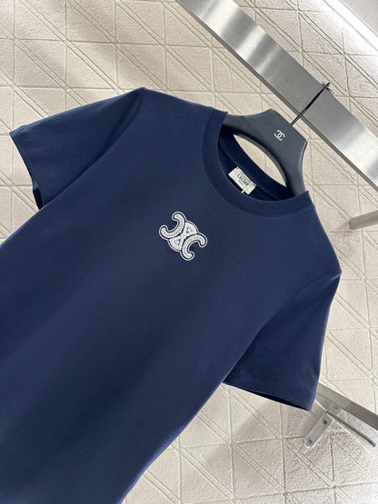 Round neck beaded lettering cotton short sleeves