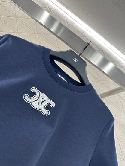 Round neck beaded lettering cotton short sleeves