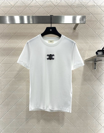 Round neck beaded lettering cotton short sleeves