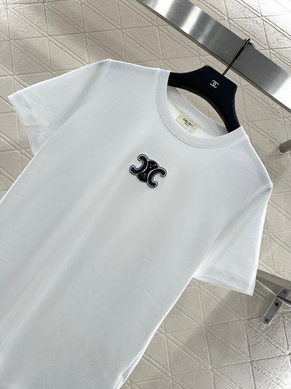 Round neck beaded lettering cotton short sleeves