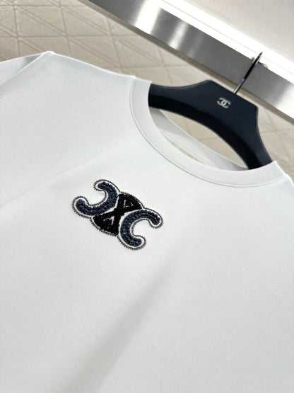 Round neck beaded lettering cotton short sleeves