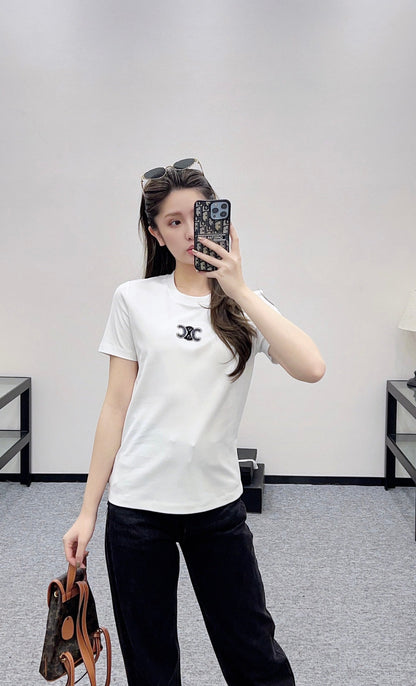 Round neck beaded lettering cotton short sleeves