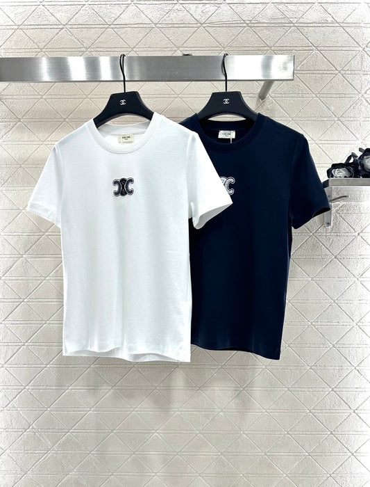 Round neck beaded lettering cotton short sleeves