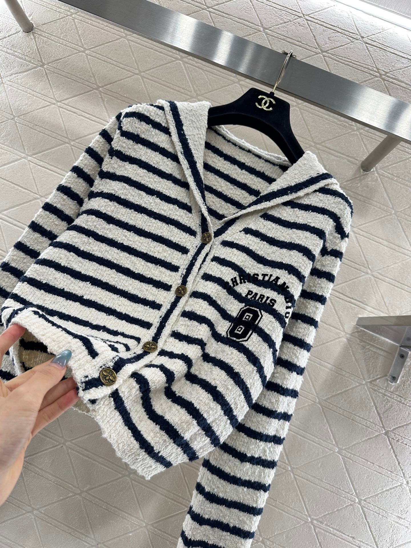 Shawl lapel knitted striped cardigan