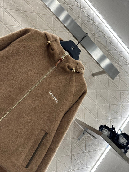 Hooded drawstring lambhair zipper jacket