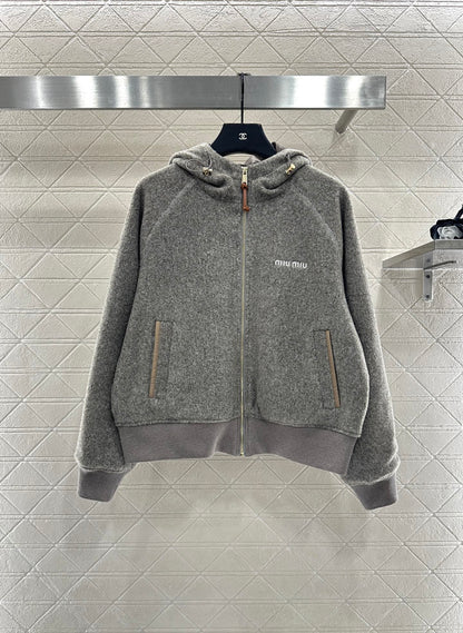 Hooded drawstring lambhair zipper jacket