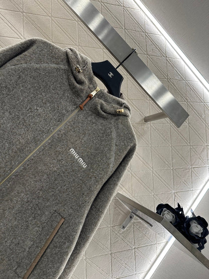 Hooded drawstring lambhair zipper jacket