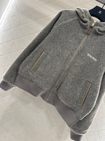 Hooded drawstring lambhair zipper jacket