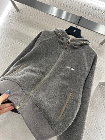 Hooded drawstring lambhair zipper jacket