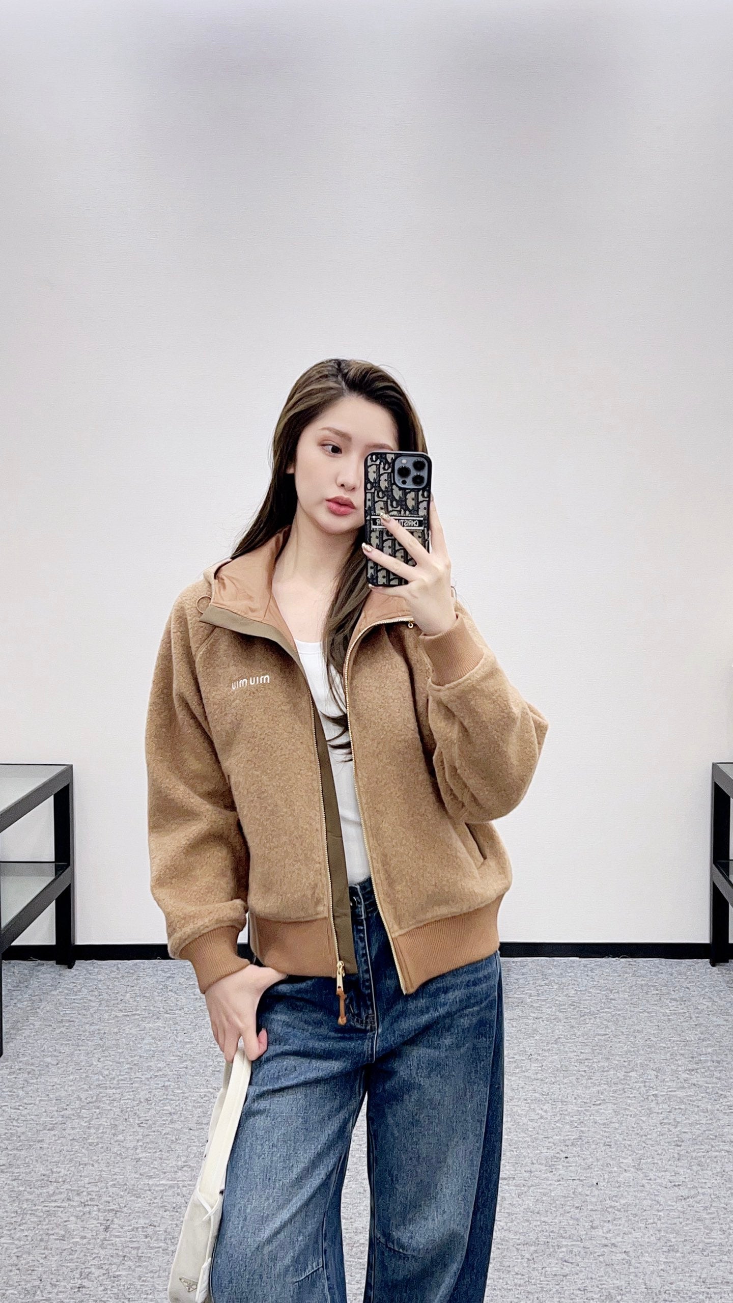 Hooded drawstring lambhair zipper jacket