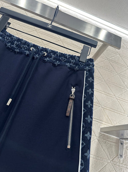 Jacquard denim straight leg pants