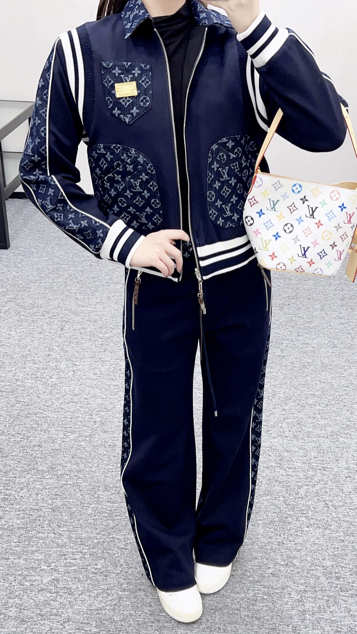 Jacquard denim straight leg pants