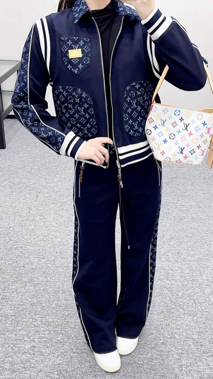 Jacquard denim straight leg pants