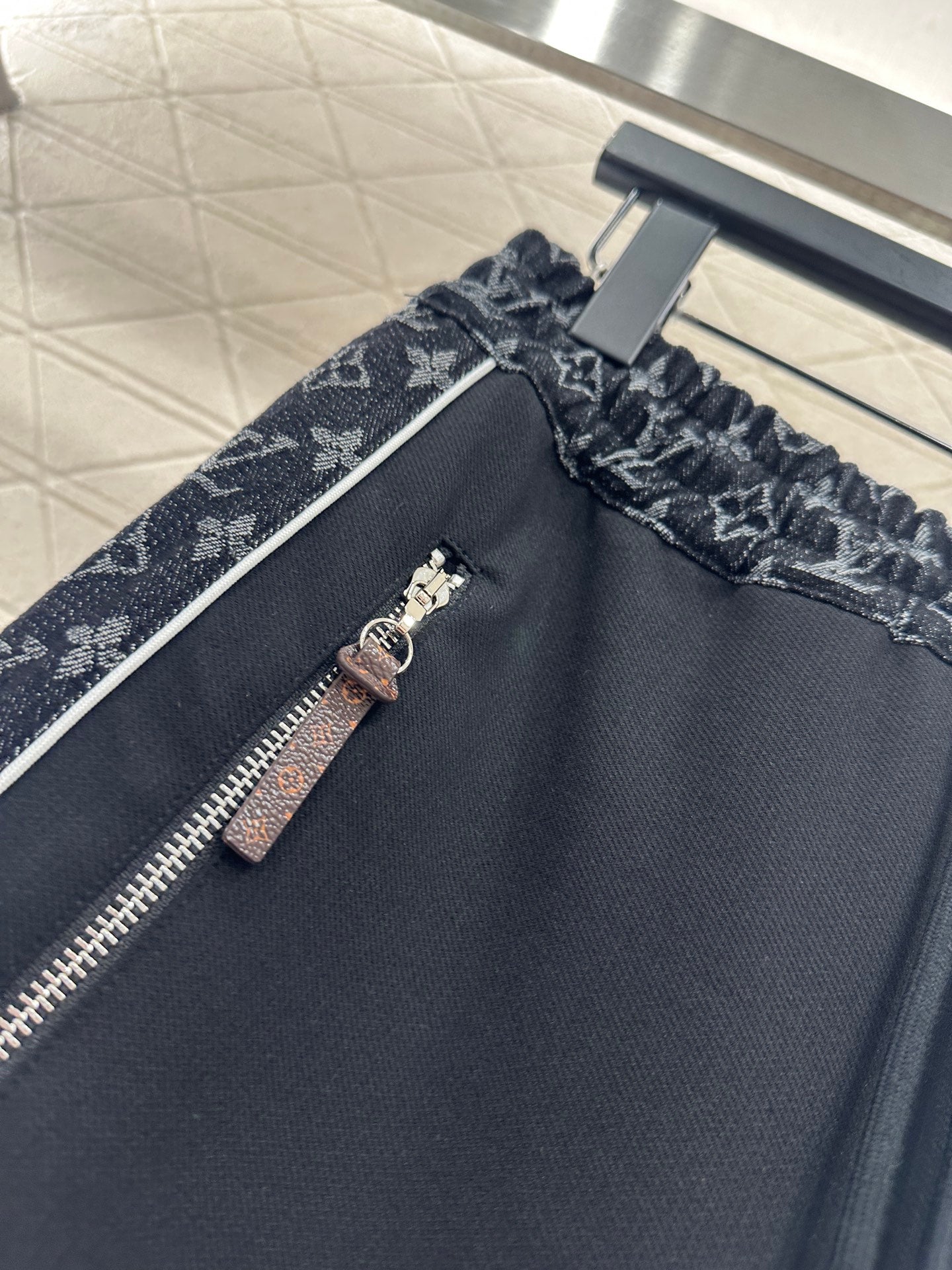 Jacquard denim straight leg pants