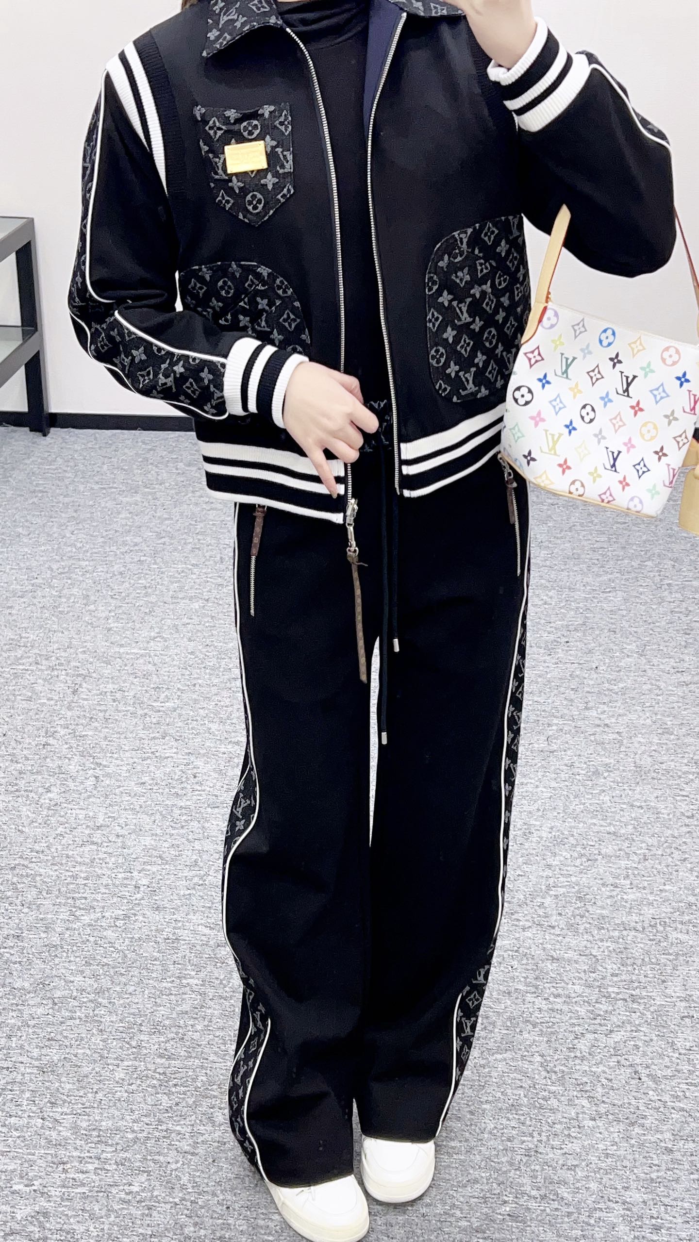 Jacquard denim straight leg pants