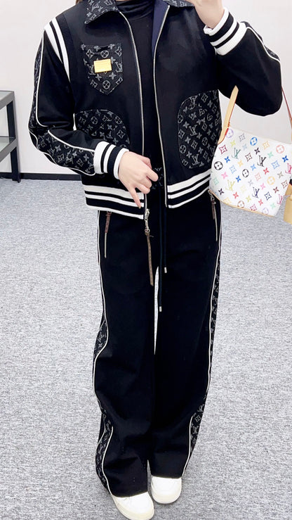 Jacquard denim straight leg pants