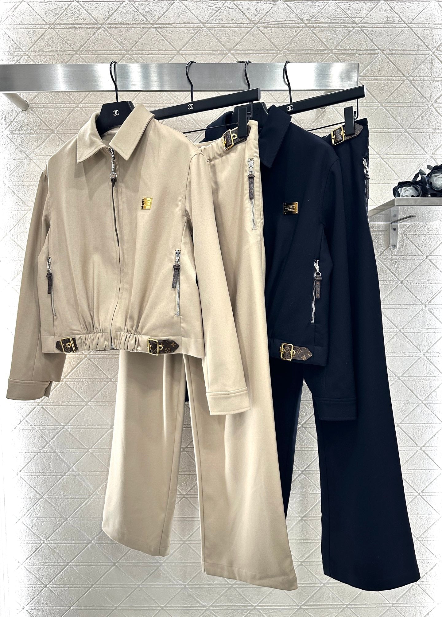 Zipper leather buckle jacket, jacket, pants set