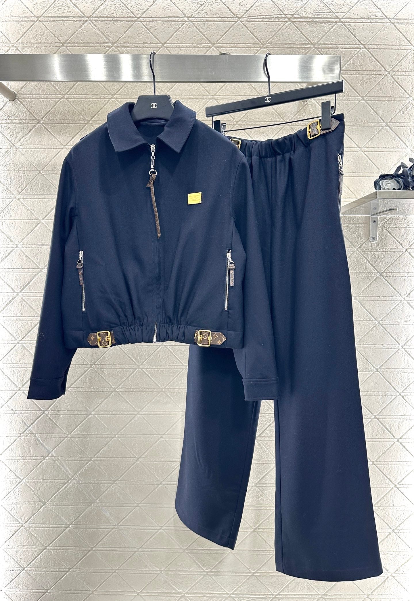 Zipper leather buckle jacket, jacket, pants set