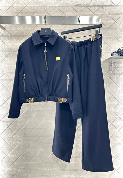 Zipper leather buckle jacket, jacket, pants set