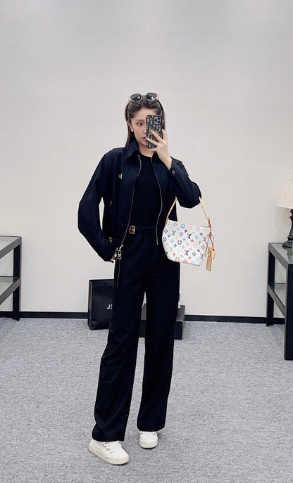 Zipper leather buckle jacket, jacket, pants set