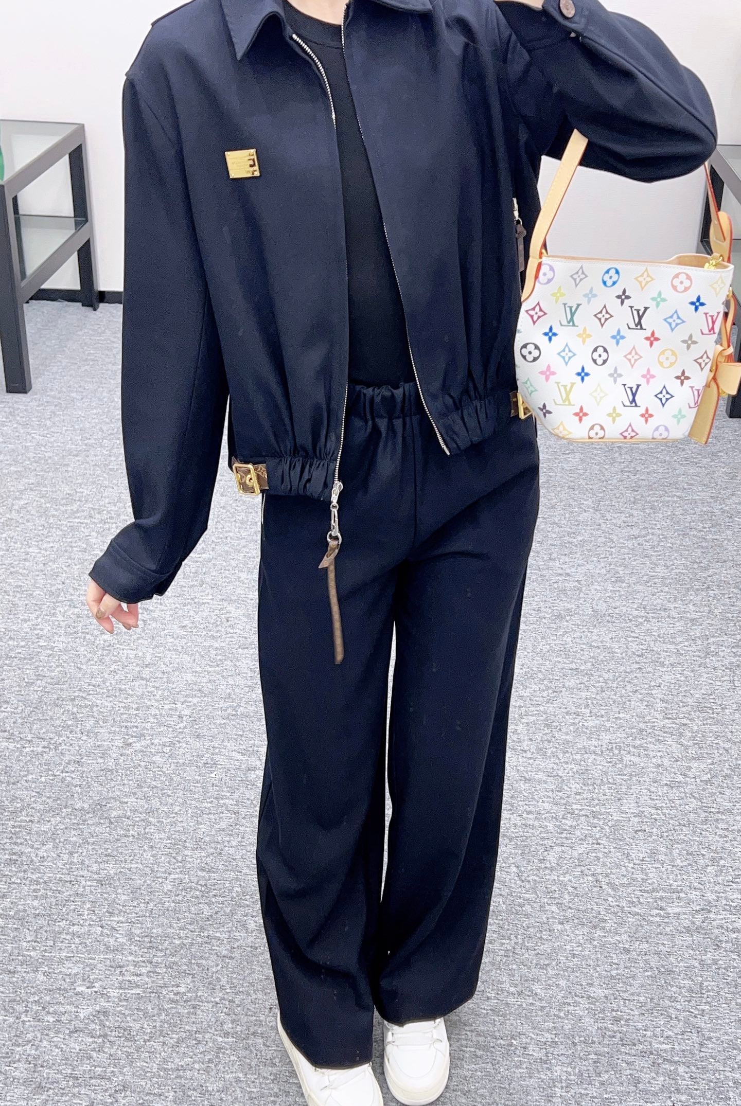 Zipper leather buckle jacket, jacket, pants set