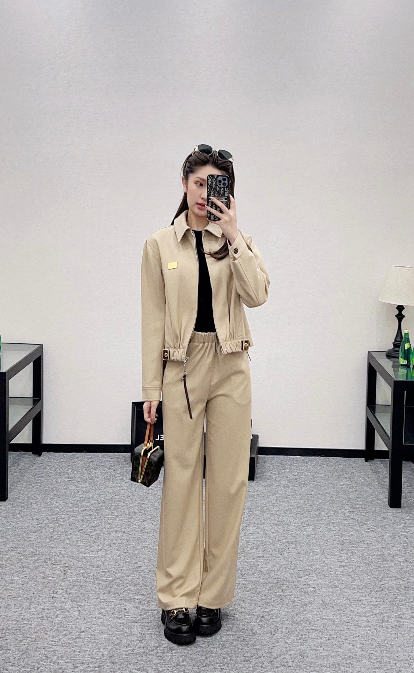 Zipper leather buckle jacket, jacket, pants set