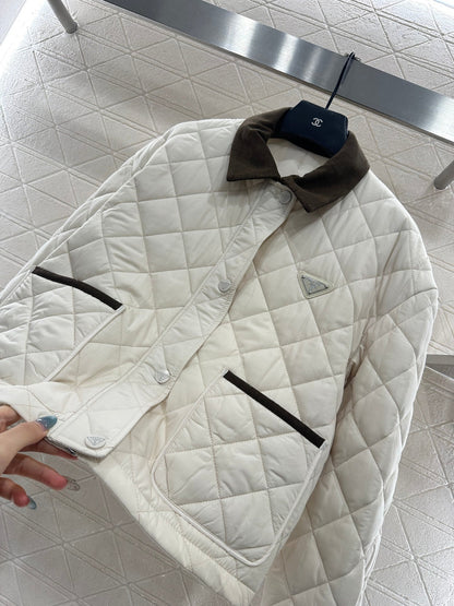 Corduroy collar diamond patterned cotton jacket