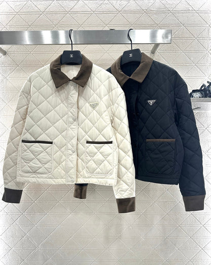 Corduroy collar diamond patterned cotton jacket