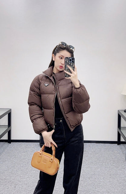 Rectangular embossed stand up collar down jacket