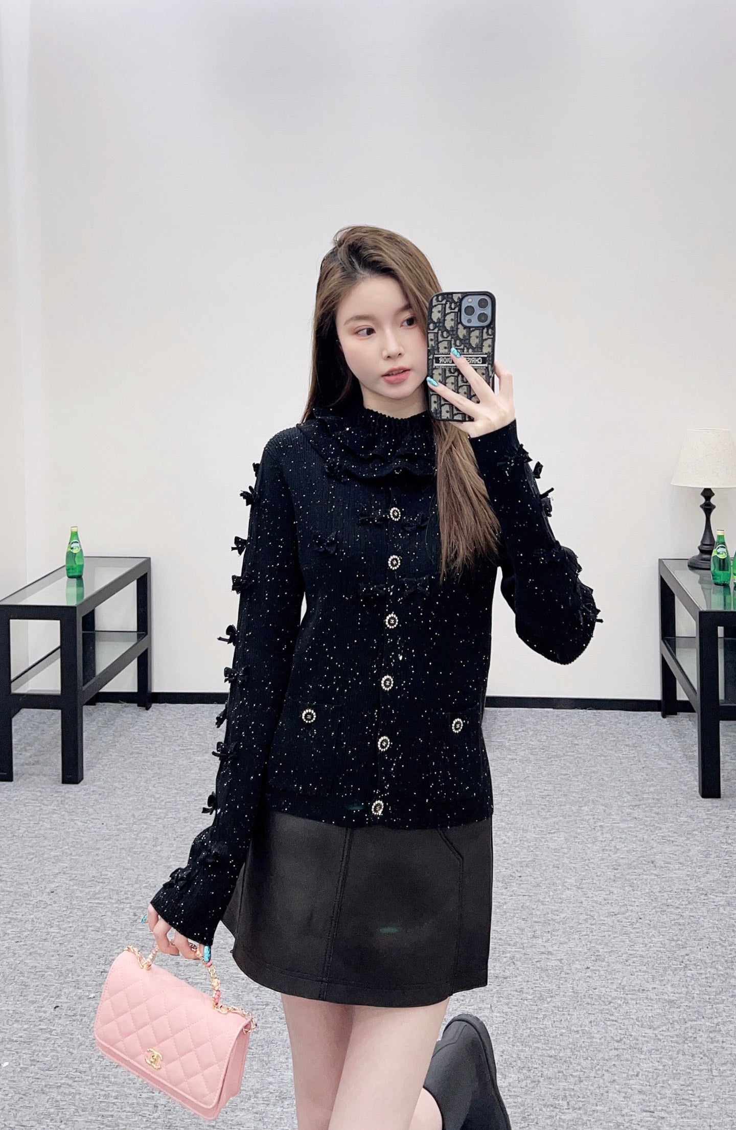 Bead bow knitted cardigan