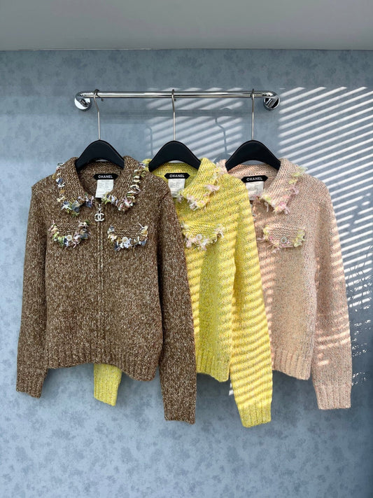 Vintage Zippered Lace-Trimmed Jacket (Brown/Yellow/Pink)