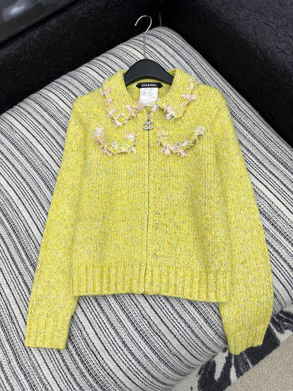 Vintage Zippered Lace-Trimmed Jacket (Brown/Yellow/Pink)