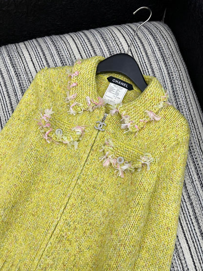 Vintage Zippered Lace-Trimmed Jacket (Brown/Yellow/Pink)