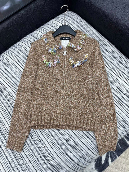 Vintage Zippered Lace-Trimmed Jacket (Brown/Yellow/Pink)