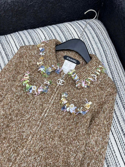 Vintage Zippered Lace-Trimmed Jacket (Brown/Yellow/Pink)