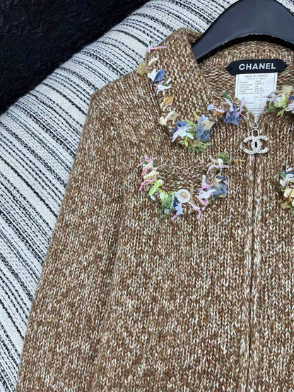 Vintage Zippered Lace-Trimmed Jacket (Brown/Yellow/Pink)