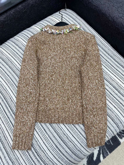 Vintage Zippered Lace-Trimmed Jacket (Brown/Yellow/Pink)